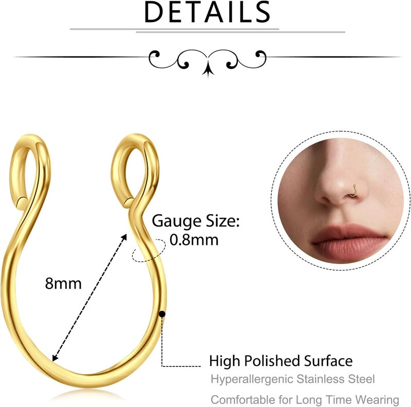 D.Bella Fake Septum Hoop 20G Faux Nose Piercing Hoop Clip on Nose Rings Non Piercing Fake Septum Lip Ear Ring Faux Body Piercing Jewelry for Women Men - Image 2